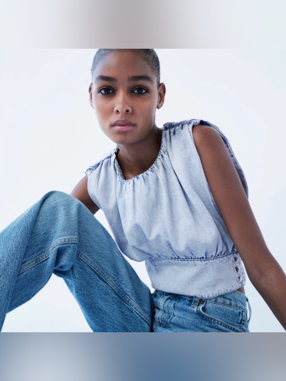 Zara Light Blue Washed Denim Sleeveless Crop Top S Back Slit Side Snaps NEW